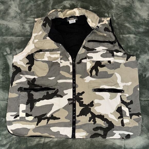 Fox Outdoor Vest Men's Large Gray Camouflage Cotton Utility Hunting Full-Zip - Picture 1 of 9